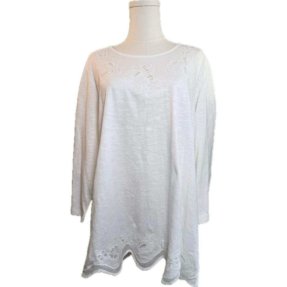 Women's Krazy Kat 3/4 Sleeve Scoopneck Tee Crocheted Flowers, White, XXL - NWT